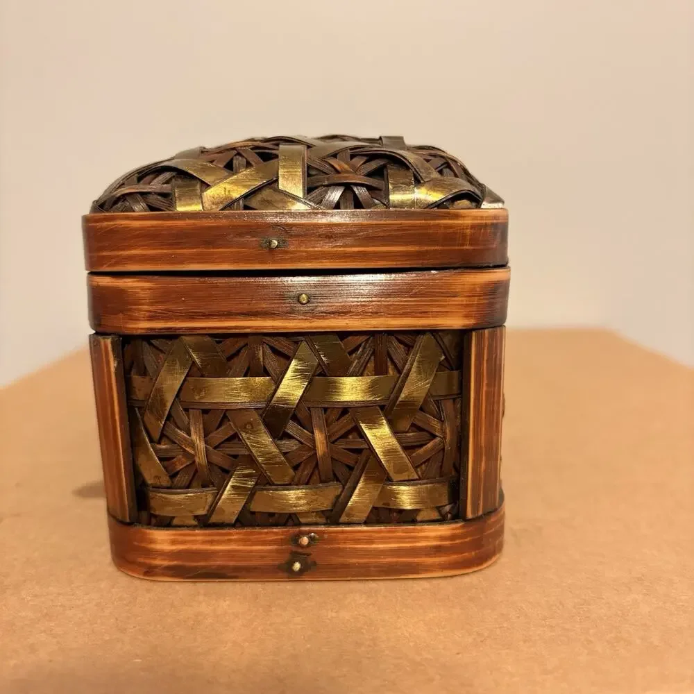 Handwoven Bamboo Keepsake Storage Box with Metallic Ribbon Weave & Latch Vintage